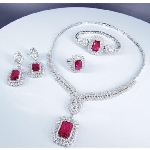2020 new fashion Luxury Dubai red square zircon wedding necklace earrings bracelet ring jewelry set banquet dressing jewelry set