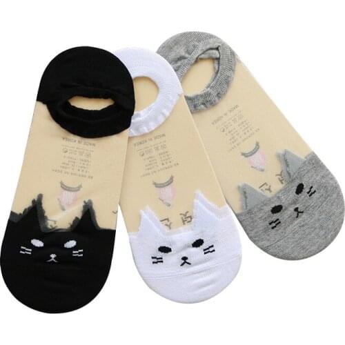 3 Pairs Womens Socks Cute Print Cartoon Cat Transparent Solid Color Socks Summer Funny Animal Individual Female Boat Sock Meias