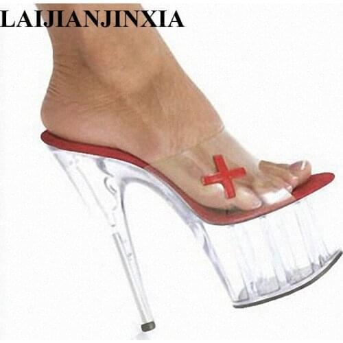 LAIJIANJINXIA 2018 new fashion shoes Europe / United States natural yards high heels Crystal cool slippers 15cm Super High SHoes