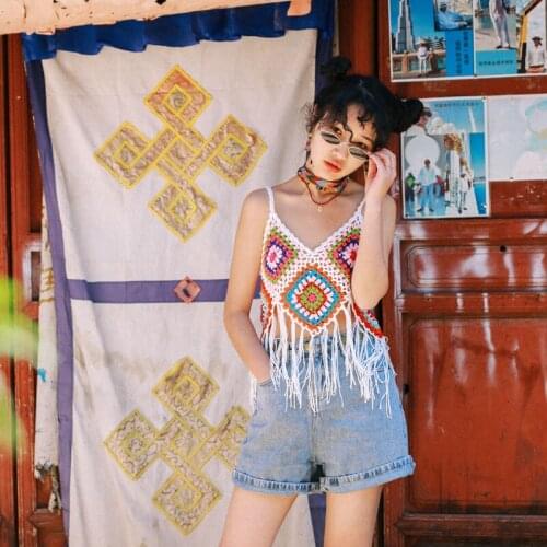 Womens Original Summer Bohemian Ethnic-Style Hand-Crocheted Fringe Camisole Top
