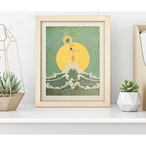 Reach for the Moon Print • Vintage Childrens Book Illustration • Art Deco Sun Sun Move Wave Sea Fish Fairy Magic Whimsical Art