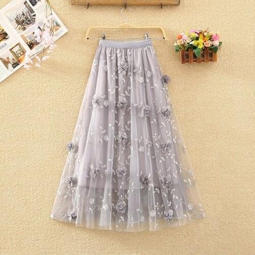 Luxury Woman Skirts 2021 Korean Style Fashion Elastic Waist Appliques Embroidery Floral Mesh Skirt Long Gauze Ball Gown Skirt