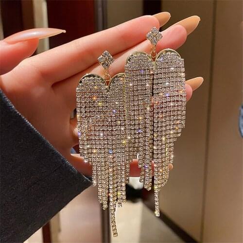 FYUAN Shine Heart Long Tassel Crystal Drop Earrings for Women Full Rhinestone Dangle Earrings Weddings Jewelry Accessories