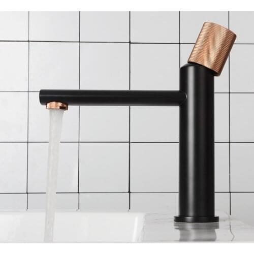Bathroom Basin Faucet Knurling Handle Deck Mounted Hot Cold Water Mixer Bathroom Rose Gold Brass Tap