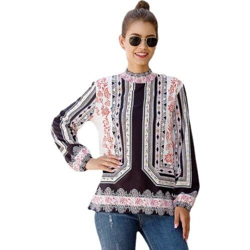 Womens Wear Popular Autumn Loose Long Sleeve Stand Collar Printed Shirt Blouses