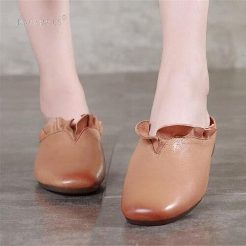 WomenS Leather Slippers Loafers Sandals Round Toe Lightweight Flat Shoes Apricot/Blue