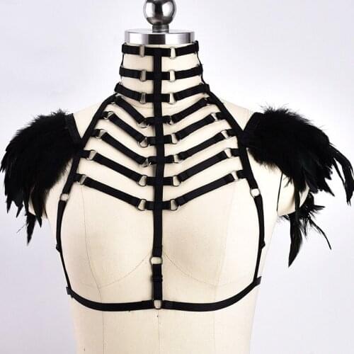 Harajuku Feather Harness Bralette Women See Through Tops Lingerie BDSM Bondage Pole Dance Bodysuit Black Cupless Bra Harness