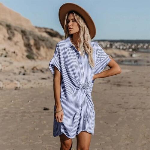 Office Lady Summer Fashion Striped Print Dress Women Short Sleeve Turn-down Collar Single-breasted Sexy Mini Dresses