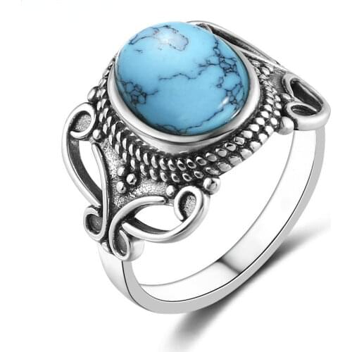 Bohemia Style 8x10MM Oval Natural Turquoise Rings for Women 925 Silver Ring Fine Jewelry for Anniversary Party Gift