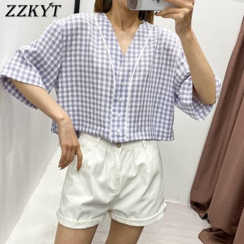 ZZKYT 2021 Women Spring Fashion Plaid Cropped Blouses Vintage V-Neck Short Sleeve Office Ladies Female Shirts Blusas Casual Tops
