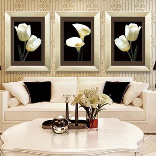 3 paintings diamond embroidery floral triptych figure living room decoration diy 5d round diamond new year gift White orchid