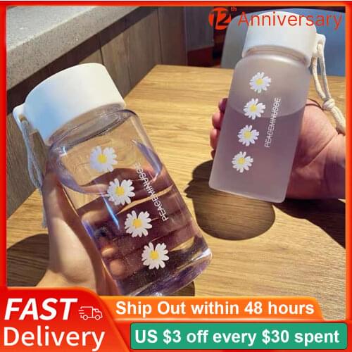500ml Water Bottles Small Daisy Transparent Plastic BPA Free Creative Frosted Water Bottle With Portable Rope Travel Tea Cup