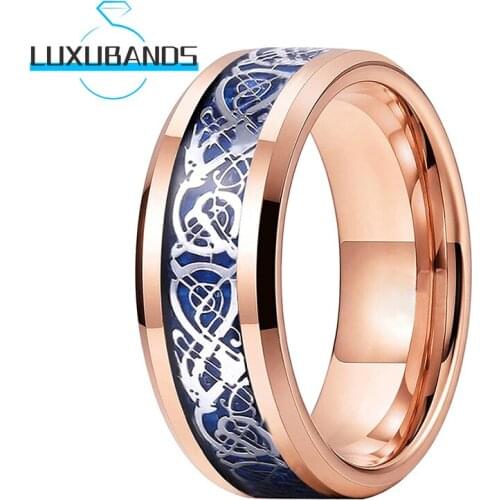 8MM Engagement Wedding Rings For Women Men Rose Gold Beveled Edges Dragon Blue Carbon-Fiber Inlay Polished Finished Comfort Fit