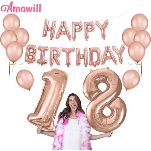 Amawill 32inch Rose Gold 18th Happy Birthday Foil Balloons 12'' Latex Balloon for Adult 18 Years Old Birthday Party Supplies 7D