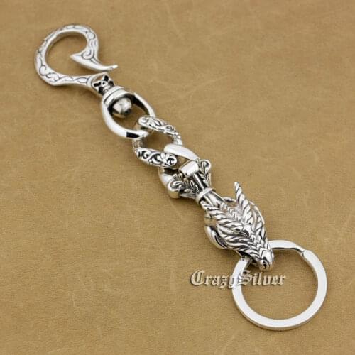 Shiny Fashion Fish Hook Waist Pendant Solid 925 Sterling Silver Cool Mens Biker Dragon Head Totem Keychain Keyring 8F013KC
