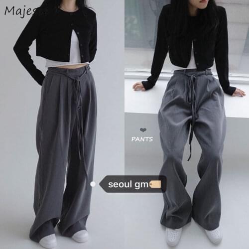 Pants Women Long Wide Leg Fashion Mopping Drape Plus Size Loose Leisure Womens Office Ladies Sashes Breathable Minimalist Pure