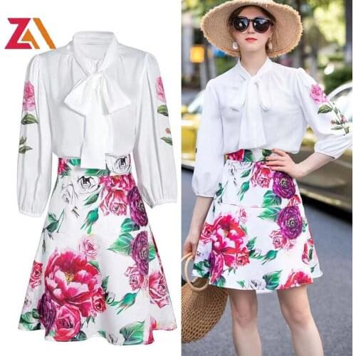ZALady Designer Ladies Office Shirts Floral Mini Skirt Fashion 2021 Bbow Classy Womans Blouses And Skirt Sets Two Piece Set Suit