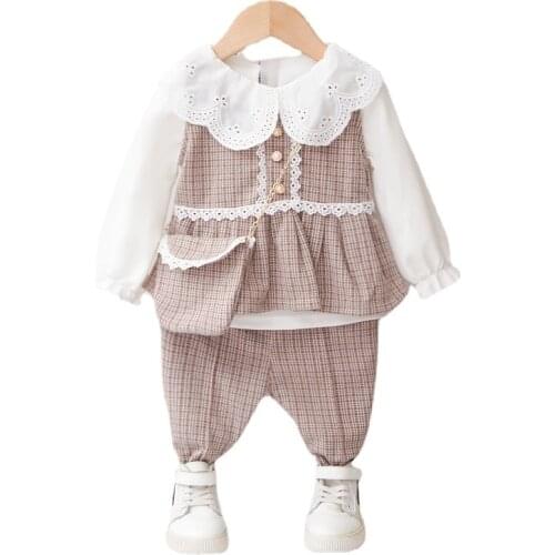 New Autumn Fashion Baby Girl Clothes Suit Children Cute Plaid Vest T-Shirt Pants 3Pcs/Set Toddler Casual Costume Kids Tracksuits