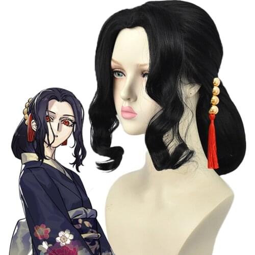 Kibutsuji Muzan Womens Wig Anime Demon Slayer: Kimetsu no Yaiba Cosplay Female Black Synthetic Hair For Halloween Party