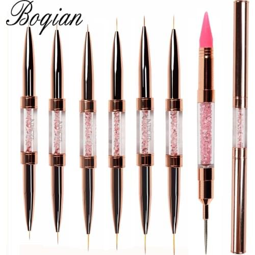 BQAN Nail Brush Rose Gold Double Head Pink Crystal Handle Liner Brush Painting Pen Gel Brush Crystal Nail Art Manicure