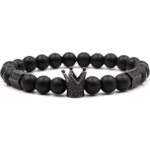 Retro Classic Matte Black Stones beads Bracelets Pave CZ Crown Creative DIY Bracelets Bangles for charm Men&Women Trendy Jewelry