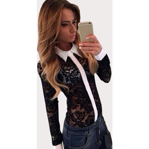 JYConline Long Sleeve Lace Blouse Womens Shirts Sheer Blusas Renda Lace Patchwork Women Blouse Slim Tops Sexy Shirts Ropa Mujer