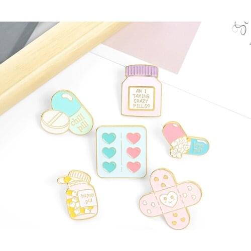 Healing Enamel Pins Custom Love Happy Crazy Pill Band Aid Brooch Lapel Pin Badge Cartoon Jewelry Gift for Kids Friends Wholesale