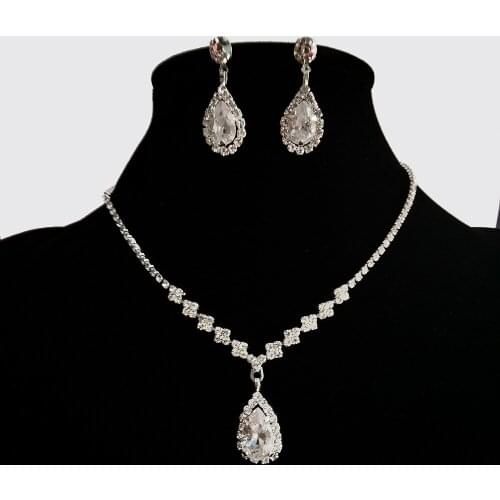 Cute Female Crystal Water Drop Jewelry Set Charm Silver Color Dangle Earrings For Women Boho White Zircon Wedding Chain Necklace