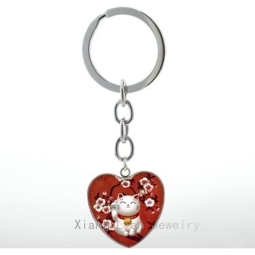 Fashion Red Maneki Neko keychain Japan Japanese Lucky Welcoming Beckoning Cat Talisman jewelry key chain ring Custom H97
