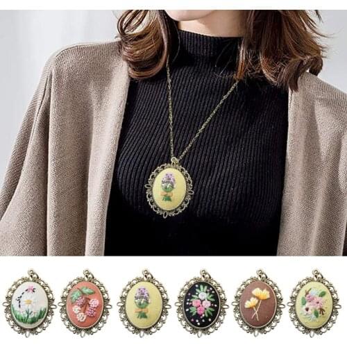 Beginner Embroidery Kit Hand Sewing Stitching Pendants Necklace DIY Cross Stitch Ornament Tool