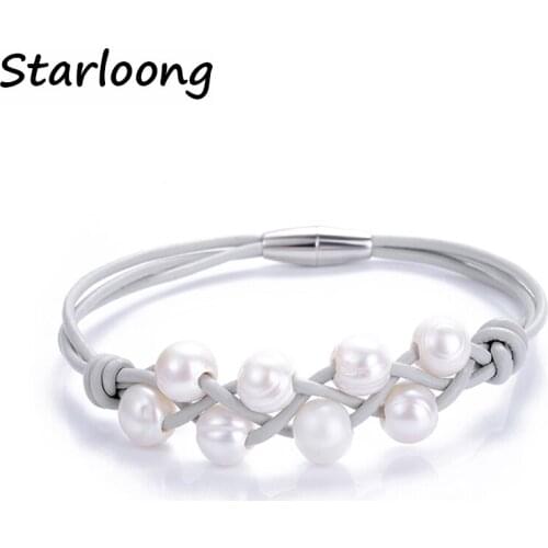 New trendy natural freshwater pearl beads multicolor geniune leather braided cord magnetic clasp beaded bracelets women men