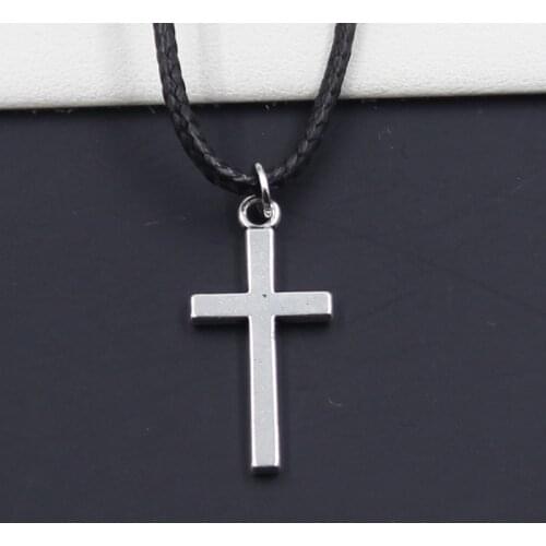 New Durable Black Faux Leather Double Sided Cross Pendant Cord Choker DIY Necklace Retro Boho Tibetan Silver Color
