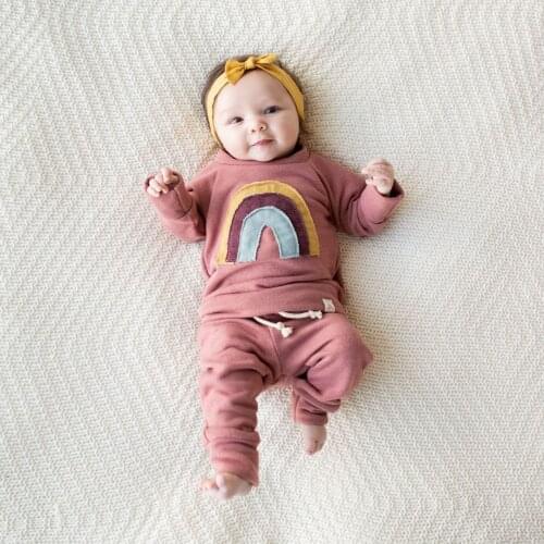 Newborn Kids Baby Girl Autumn Clothes Rainbow Long Sleeve Tops + Ruffle Pants Outfits