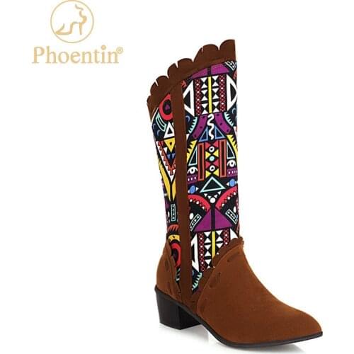 Phoentin Paislry print mid-calf boots womens Ethnic inspired Winter Long suede Boots slip-on mid Heel Shoes plus size FT1301