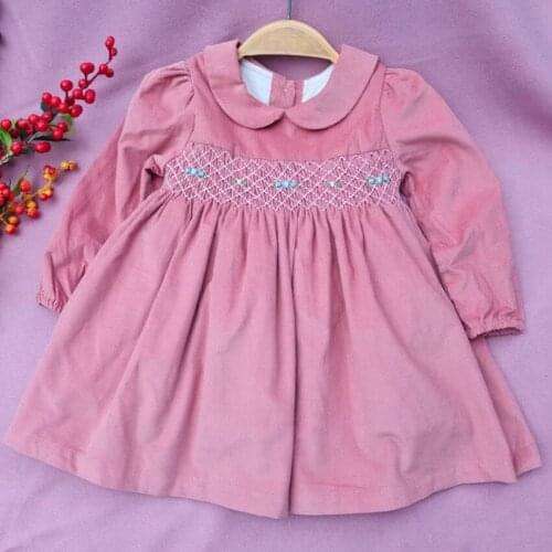 Baby girl autumn vintage Corduroy smocking dress kids long sleeve handmade embroidered princess dress