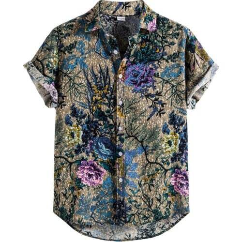Men Summer Shirt Beach Style Green Leaves Printed Hawaiian Shirts Casual Short Sleeve Turn Down Collar Blouses Tops Camisa Homme