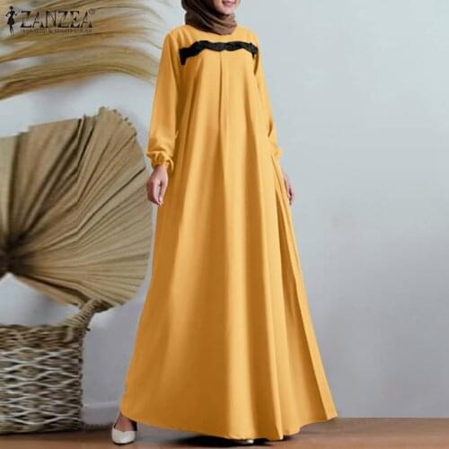 ZANZEA Women O Neck Sundress Long Sleeve Kaftan Dress Party Muslim Fashion Casual Loose Maxi Dress Morocco Abaya Hijab Long Robe