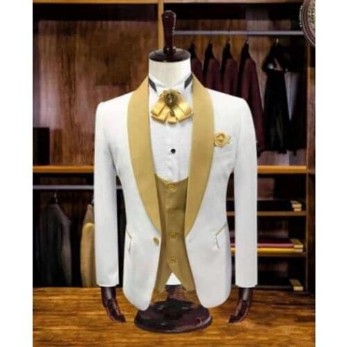 Real Picture Ivory Groom Tuxedos Shawl Collar Man Business Suit Wedding Party Blazer Waistcoat Trousers Sets (Jacket+Pants+Vest)