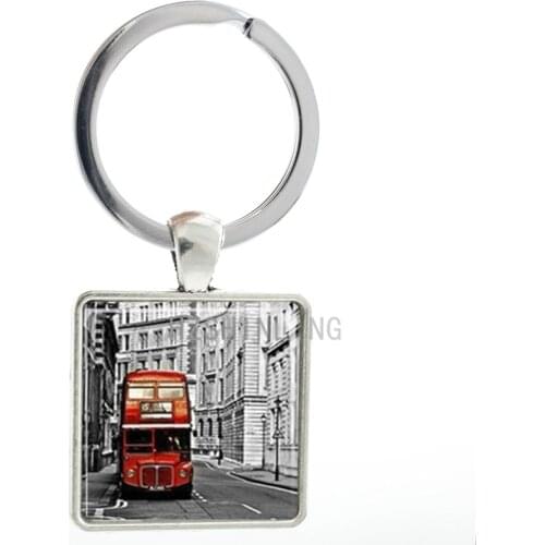 Vintage Bus square pendant keychain UK Double Decker Bus London England men women key chain ring holder new fashion jewelry AA02