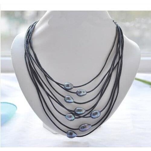 Black Leather Pearl Jewellery,8Rows 10-15mm Dark Gray Rice Freshwater Pearl Necklace,Magnet Clasp