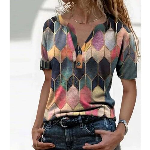 V Neck Tshirt Womens Summer Casual Geometric Print Shirt Tops Loose Vintage Streetwear Short Sleeve Clothes Plus Size S-3xl