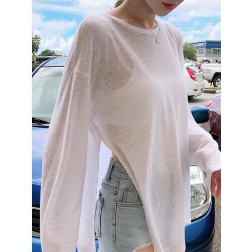 2021 summer beach thin see-through oversize t-shirt loose side slit white top women fashion high street casual top