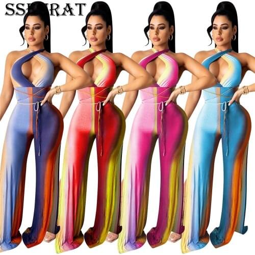 SSEURAT Women Jumpsuit Print Sleeveless Cut Out Bandage Long Flare Jumpsuits Sexy Fashion Streetwear Summer Outfit