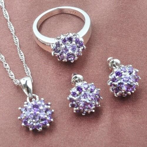 Shining Purple Zirconia Crystal Womens Silver Color Jewelry Sets Necklace Pendant Earrings Rings TS0227