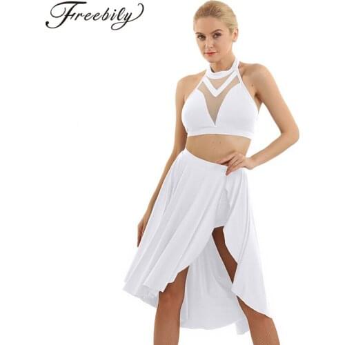 Womens Asymmetric Ballet Tutu Dress adult Backless Crop Top Shorts Skirt Set Ballerina Stage Contemporary Lyrical Dance Costumes