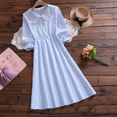 Mori girl elegant midi vestidos new autumn fashion peter pan collar long sleeve women solid dress