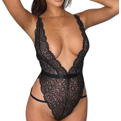 Women Sexy Teddy Lingerie, Female Underwear Deep V Neck Sleeveless Floral Lace Cutout Strappy Bodysuit