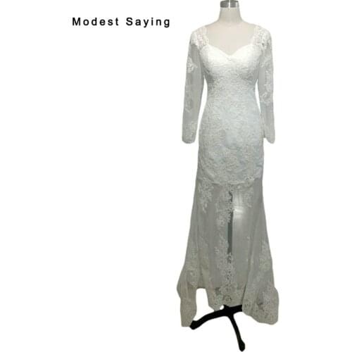 Real Arabic Ivory Mermaid Long Sleeve Lace Evening Dresses 2017 Sexy Long Engagement Party Prom Gowns vestidos de festas JE76