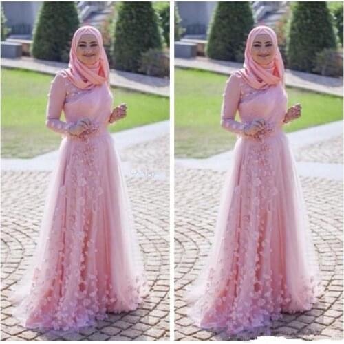 2019 Muslim Evening Wear gown Arabic Pink A Line Long Sleeves Pleats Plus Size Prom Dress With Flowers Formal Party prom dresses