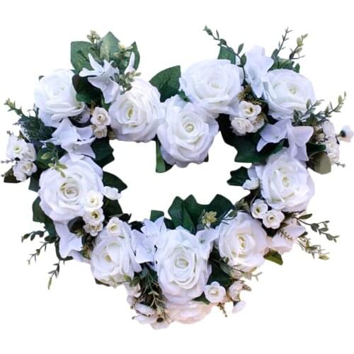 50cm Artificial Rose Heart Wreath White Heart Shape Rose Wreath with Green Leaves Spring Front Door Hanging for Wedding Decor